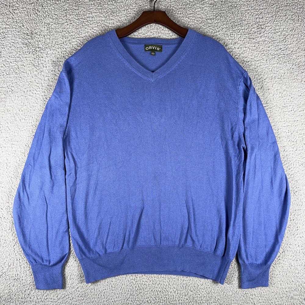 Orvis Mens XL Blue V Neck Sweater Cotton Silk Cashmere Blend Long Sleeve Knit